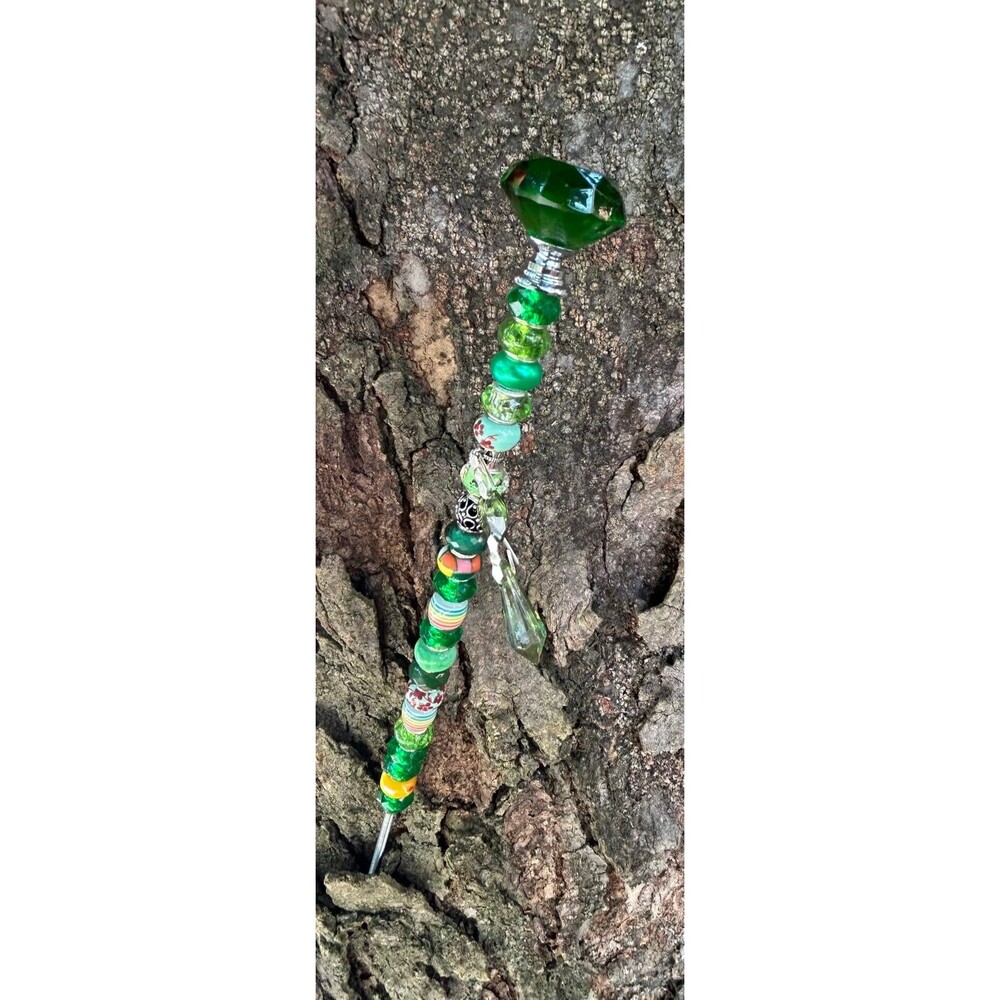 Crystal Beaded Garden Stake | Handmade Fairy Garden Art, Plant Decor Green